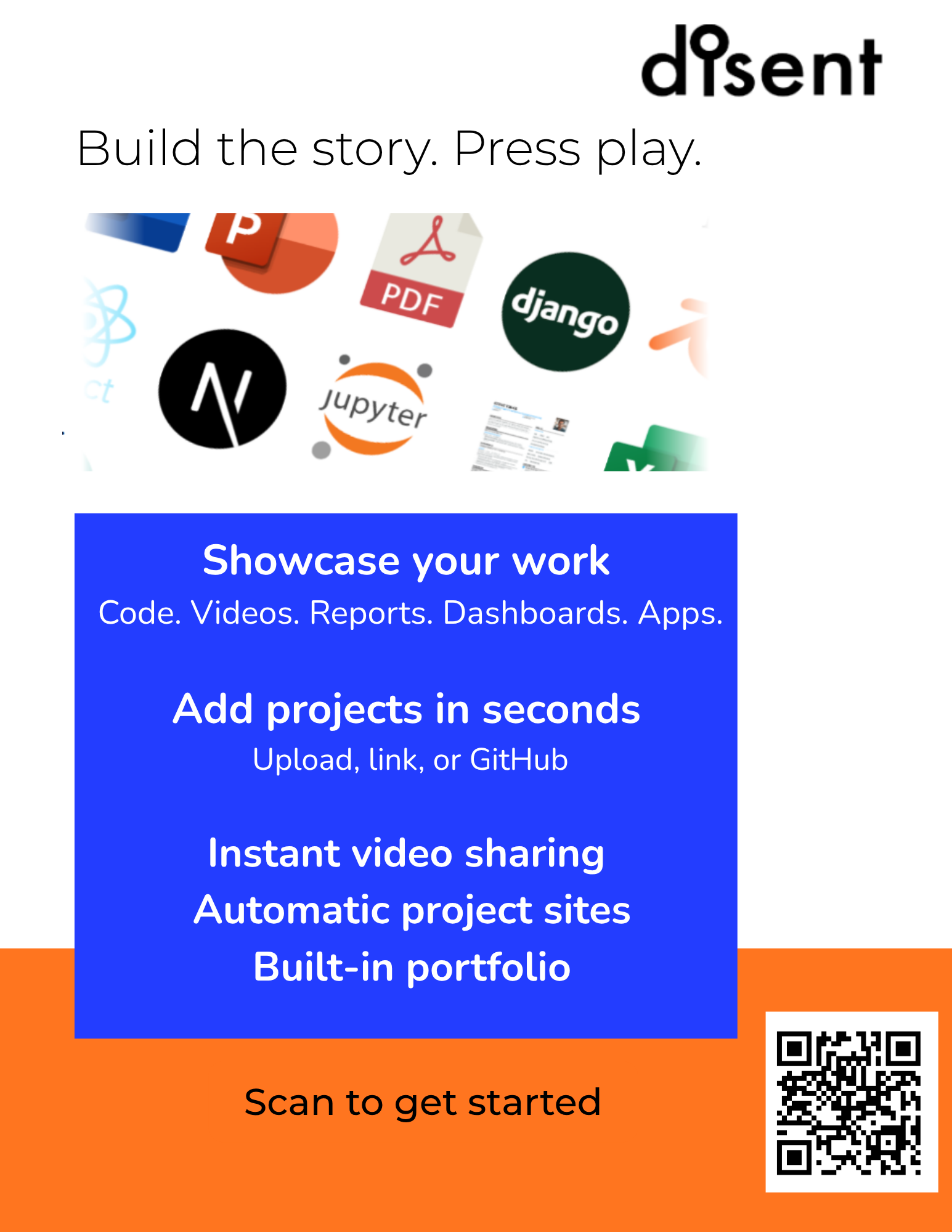 Disent recruiting poster reading 'Build the story. Press play.' with app icons and a QR code, designed in Canva