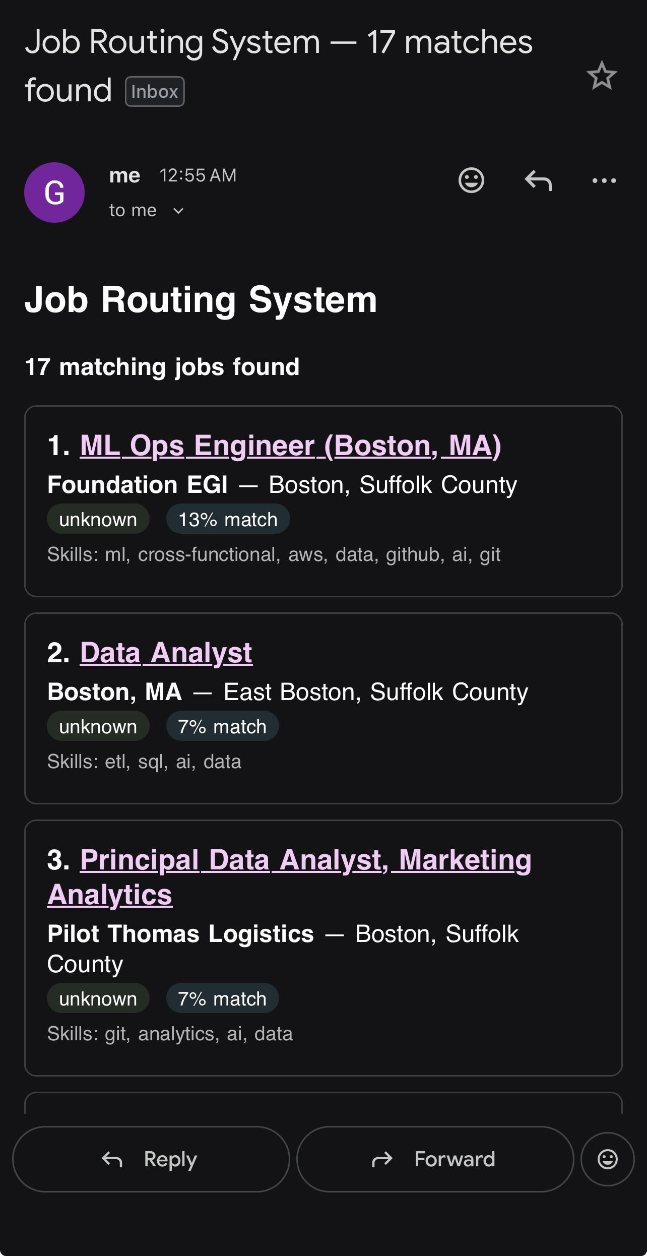 Gmail inbox showing the daily Job Routing System digest email