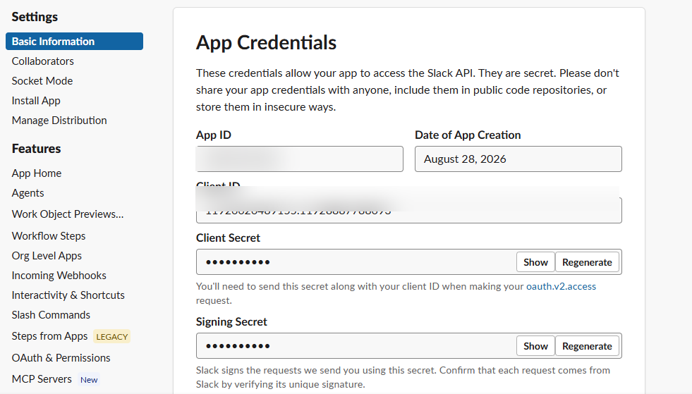 Slack App Credentials settings page with App ID and Client ID blurred out