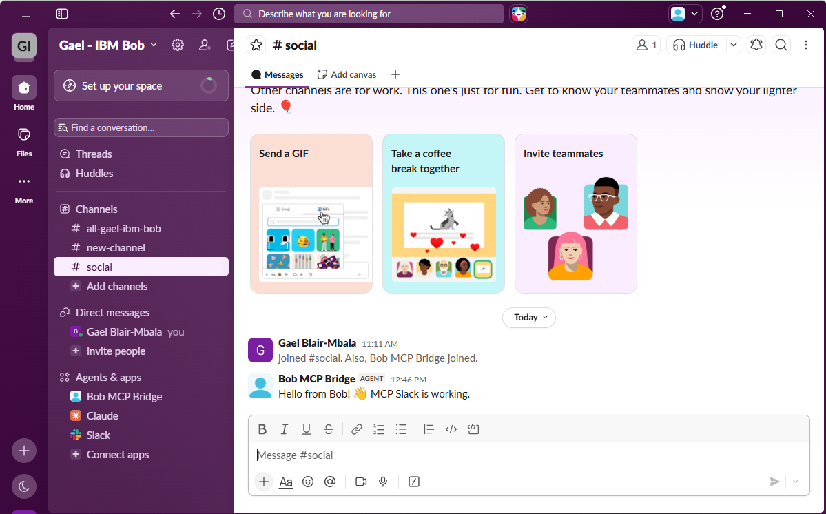 Slack channel showing the Bob MCP Bridge app posting 'Hello from Bob! MCP Slack is working.'