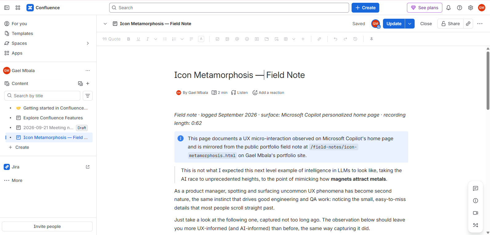 This field note published as a Confluence page for internal reference