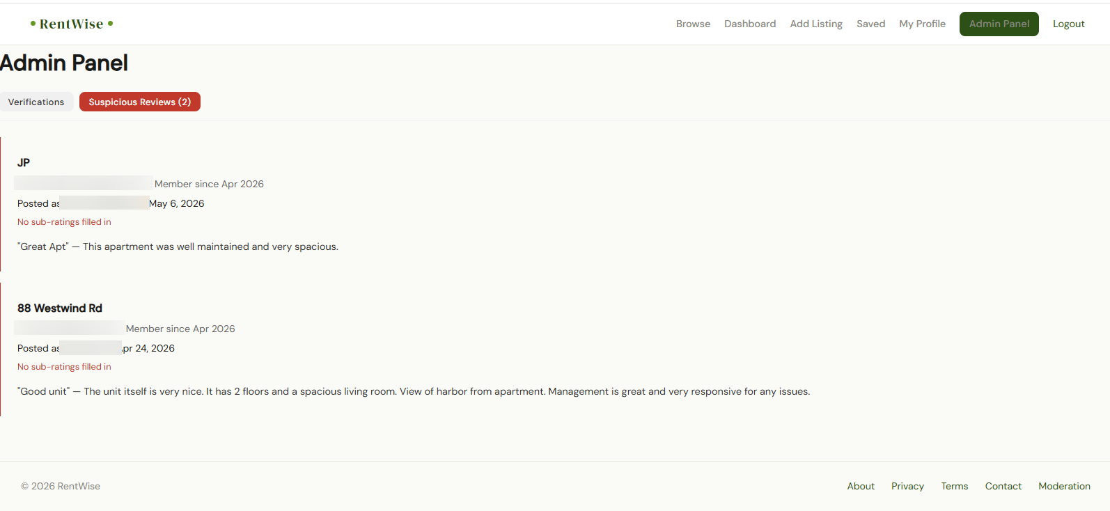 Admin panel's suspicious-reviews queue with reviewer names and emails blurred