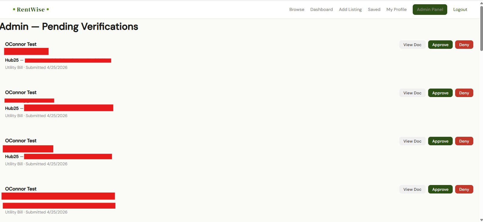 Admin panel showing pending residency verifications with submitter names and documents redacted