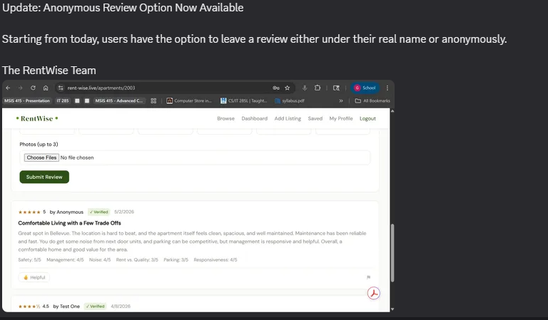 RentWise update announcing the anonymous review option, with a sample anonymous review shown below