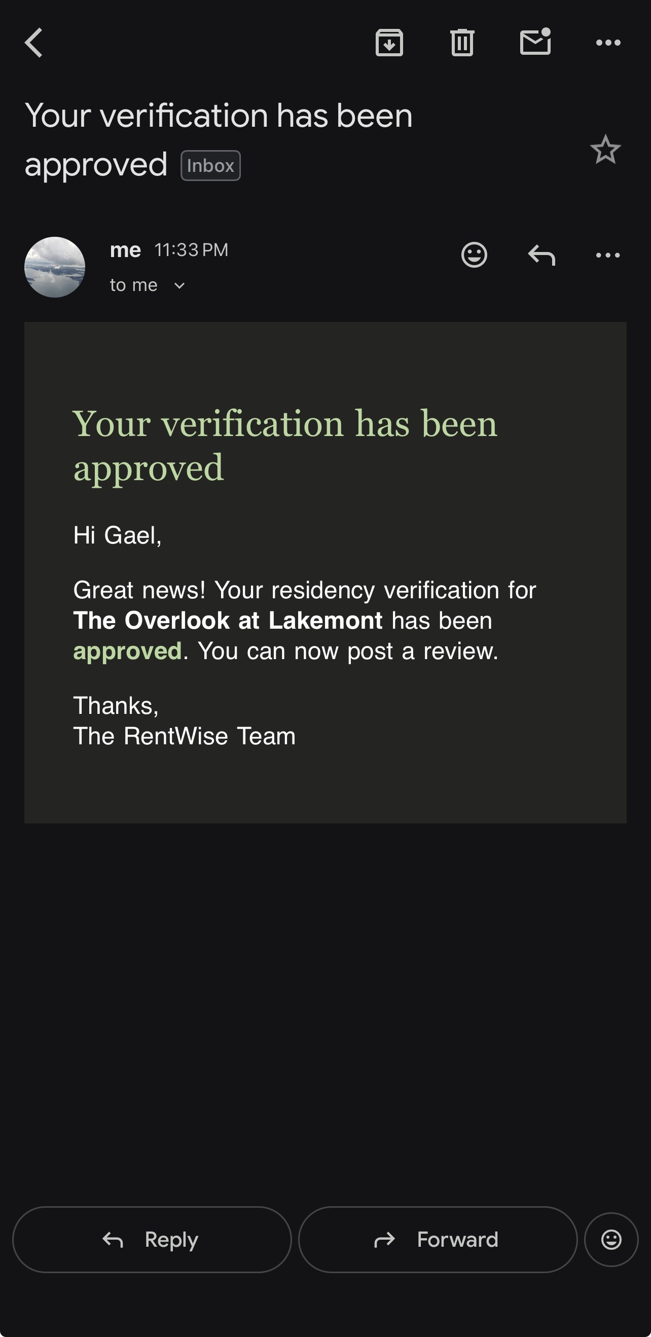 Gmail notification confirming a RentWise residency verification was approved
