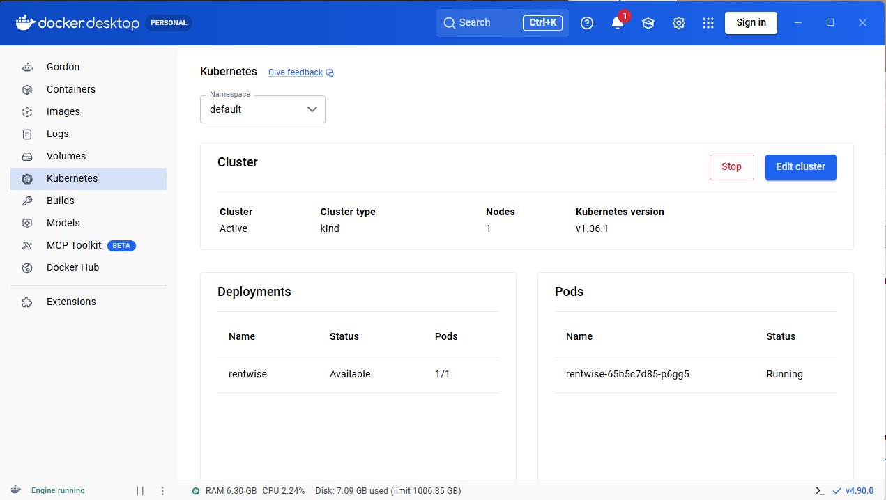 Docker Desktop showing a local Kubernetes (kind) cluster with the rentwise deployment available and its pod running