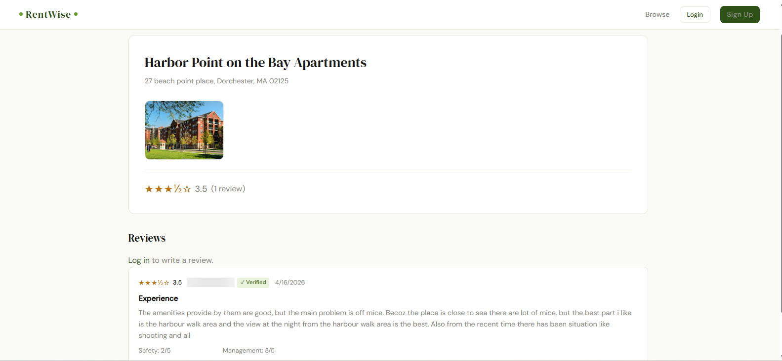 A real listing page with a verified review, reviewer name blurred