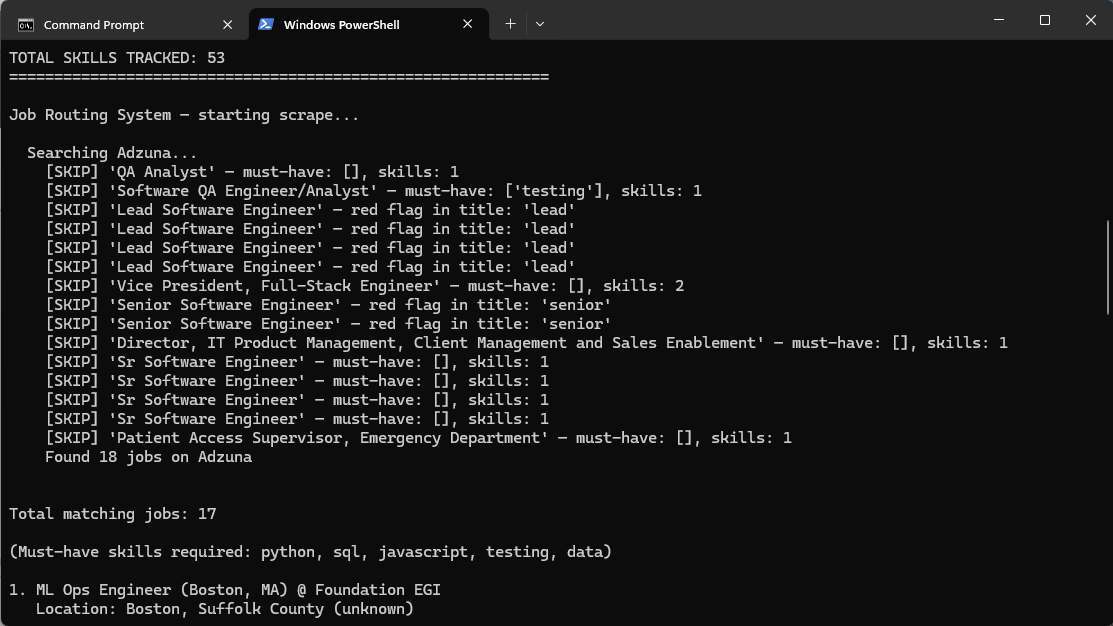 PowerShell output of a live scrape run, skipping red-flagged titles and reporting 17 total matches out of 53 tracked skills
